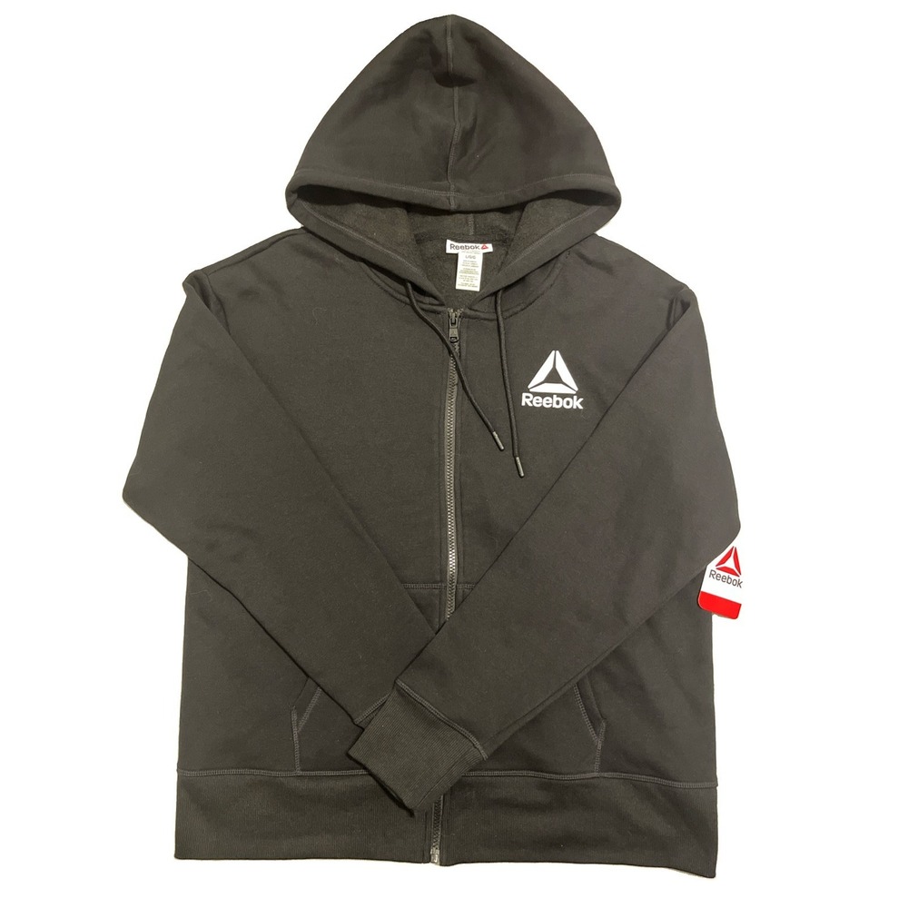 Reebok Mens Black Hoodie Full Zip Black Drawstrings Large Front Pockets